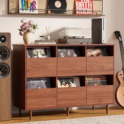 BROTTAR 47,2" platenspelermeubel bruin, vinylplatenkast voor 7"/10"/12" LP's, 6 opbergvakken, retro platenspelerkast voor woonkamer, muziekhoek en vinylverzameling — thumbnail 5