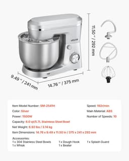 Keukenmachine - Mixer Standmixer - Bakken en Koken - 10 Snelheden - 5.7 Liter - Zilver — thumbnail 3