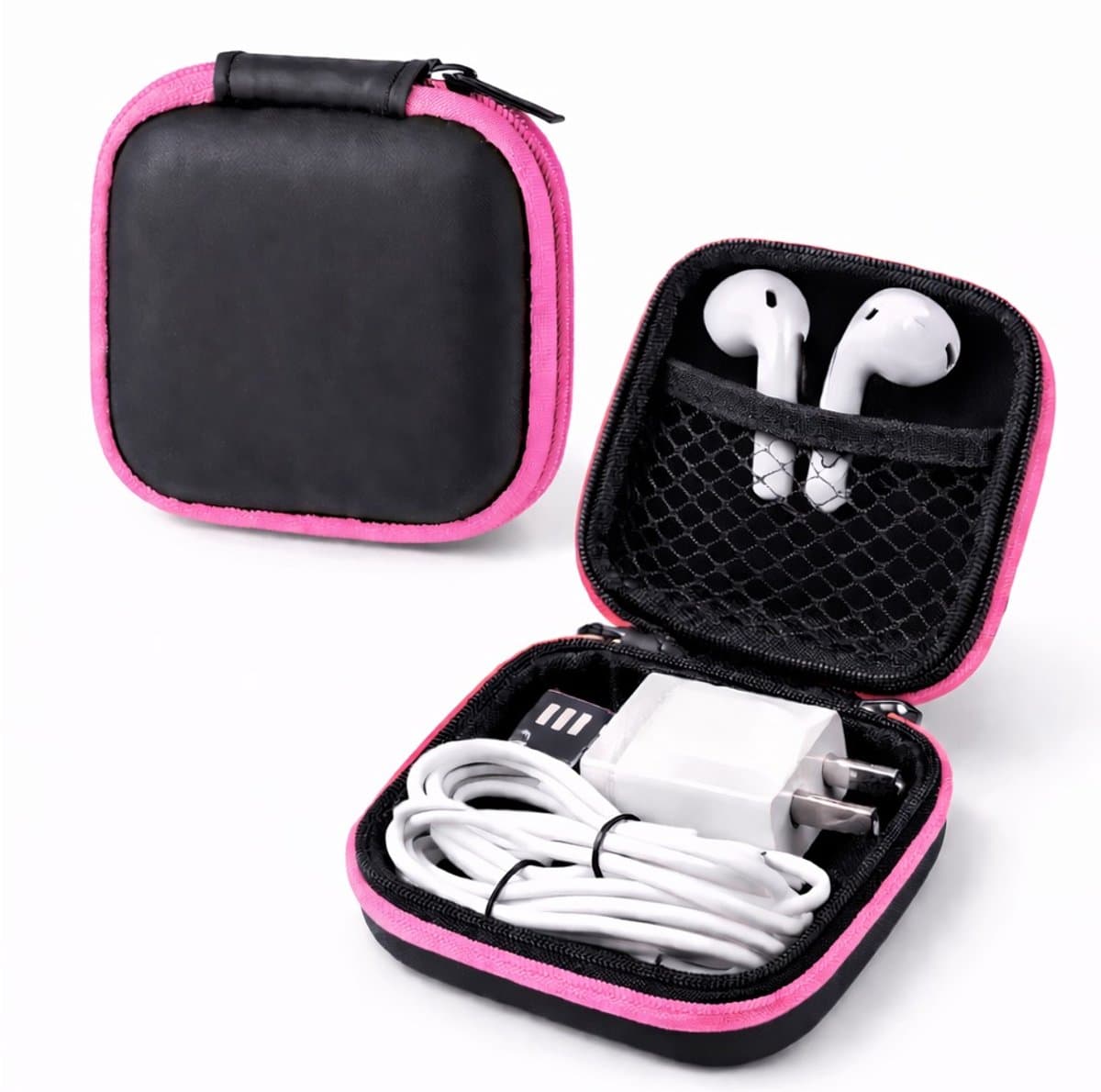 Oortjes Opberg Hoesje Voor Earphnes I Case Voor In-ear koptelefoon I Oortyejs Case | Headphone Organizer | Opbergcase Laadkabels I Zwart/Roze — afbeelding 1