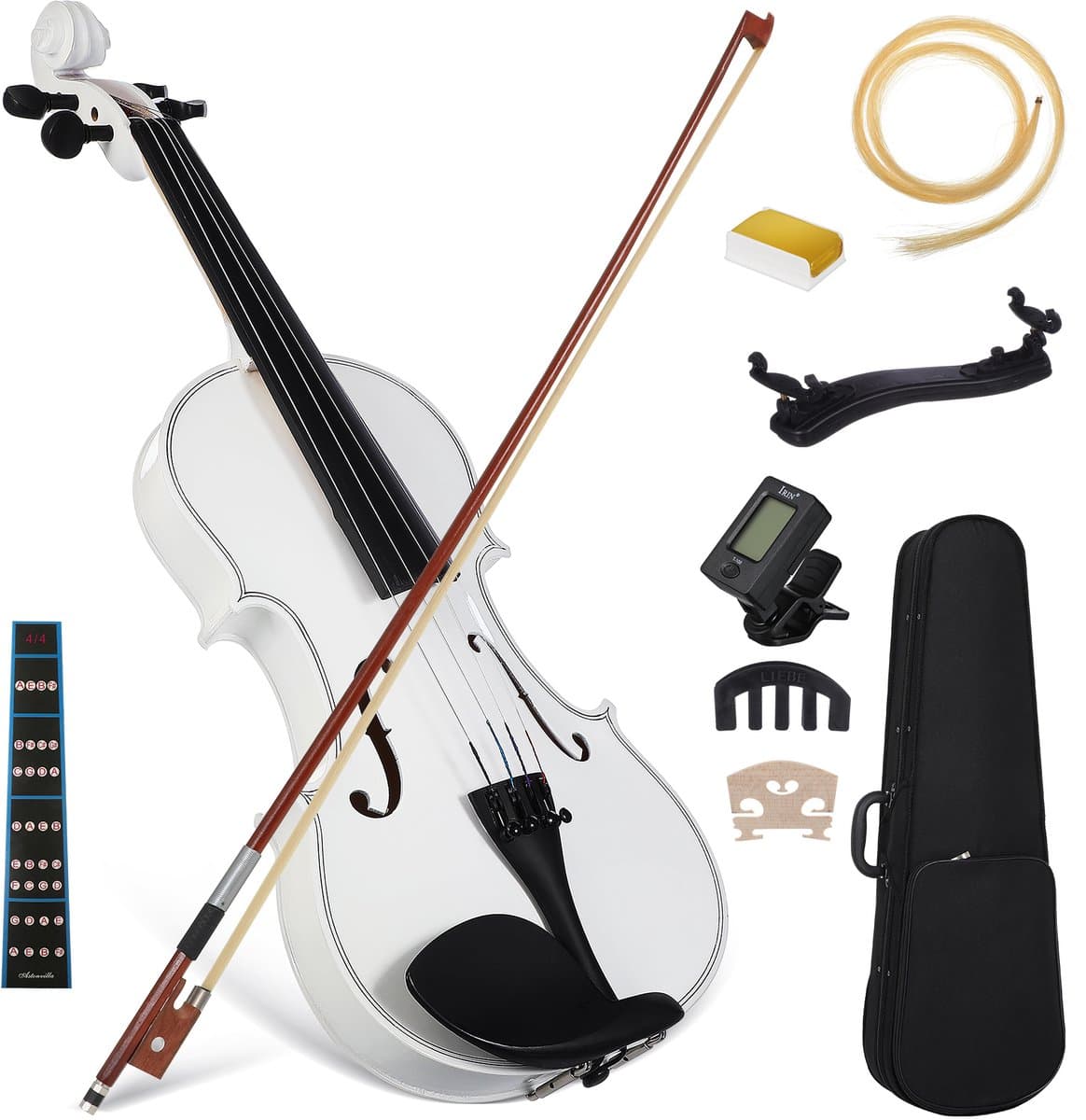4/4 Viool Starter Kit voor Volwassenen – Baswood Akoestische Viool met Koffer, Stok, Harpuis, Stemapparaat, Schoudersteun & Demper – Compleet Beginnerspakket – Wit — afbeelding 1