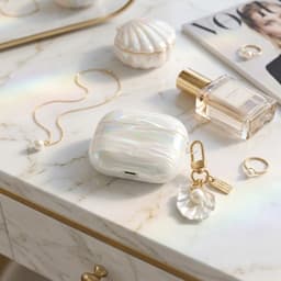 Transparant parelmoer hoesje voor oordopjes dames met schelp patroon en decoratieve hanger geschikt voor AirPods Pro 2 met iriserende afwerking en clip — thumbnail 2