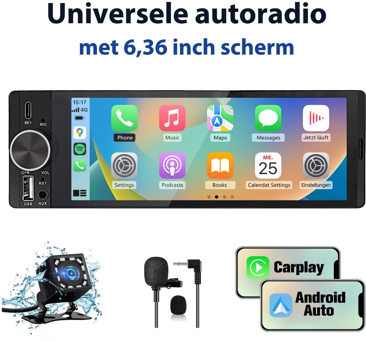 HexinexMarket 1DIN Autoradio - 6,36 inch scherm - met Draadloze Carplay & Android Auto - BT 5.2 - USB/USB-C + Achteruitrijcamera — afbeelding 1