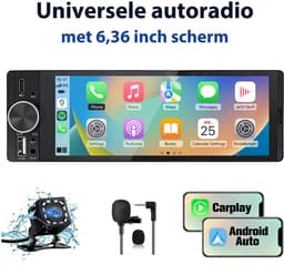HexinexMarket 1DIN Autoradio - 6,36 inch scherm - met Draadloze Carplay & Android Auto - BT 5.2 - USB/USB-C + Achteruitrijcamera — thumbnail 1