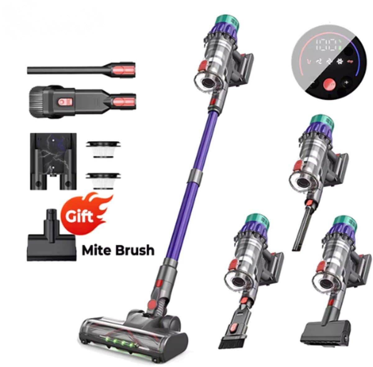 Hennova Draadloze stofzuiger - Steelstofzuiger - Vacuum cleaner - 4 Opzetstukken - 650W - 55kPa zuigkracht - 3 Snelheden - 1.2L capaciteit - LED-display - Paars/zwart - 110cm hoog — afbeelding 1