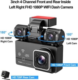 4-kanaals wifi-dashcam voor in de auto, 360-graden panoramische bescherming met WDR, 1080p HD-camera's voor en achter, draaibare lens, infrarood nachtzicht, videorecorder — thumbnail 5