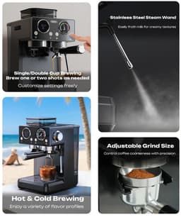 HiBREW H20 Espressomachine met Geïntegreerde Koffiemolen – 20 Bar – 1.8L – PID Temperatuurcontrol — thumbnail 5
