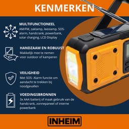 INHEIM® PULS – Robuuste Noodradio met Powerbank - Zonnepaneel, Zwengel, USB-C & GRATIS Batterijen - Zaklamp, SOS & Compact Design - Voor Kamperen, Outdoor en Noodpakket — thumbnail 2