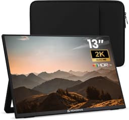 Remodius® Portable Monitor 13 Inch + Sleeve – Ultradunne 2K Draagbare Monitor – USB-C & Mini HDMI – IPS Scherm, HDR, Ingebouwde Kickstand – Travel Monitor voor Laptop, Mac, Smartphone & Console — thumbnail 1