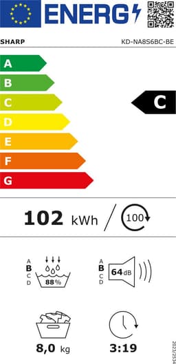 Sharp KDNA8S6BCBE - warmtepomp droger - 8 kg - energie label C - 15 programma's - LED trommelverlichting - links en rechts draaiend - mat zwart — thumbnail 2