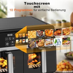 NETTLIFE Dubbele Kamer Heißluftfritteuse 10L (5+5L) – Dual Zone Airfryer met Venster – SYNC & DUAL Functie – 2200W Touchscreen – 24h Timer – Vaatwasserbestendig – Zwart — thumbnail 2