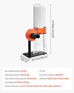 VEVOR Stofafzuigsysteem, 1359,21 M³/U 2,5 Micron Spaanafzuigsysteem, 1 Hp Zaagselafzuigsysteem met 60 L Stofzak, Filterzak en Rollen, Stofafzuiging voor Houtbewerking — thumbnail 3