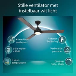 Philips Civx Plafondventilator met LED-lamp - 3 Bladen - Diameter: 132cm - Drie tinten wit licht (3000K / 4300K / 6500K) - Dimbaar tot 10% - Afstandsbediening - Zwart of Donker hout - 2500 Lumen — thumbnail 5