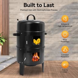 Novendo Goods – 40 CM Verticale rookoven & houtskool BBQ – Draagbare smoker grill voor buiten – 2-Lagen roker voor kamperen, barbecue, slow cook & outdoor koken – zwart — thumbnail 3