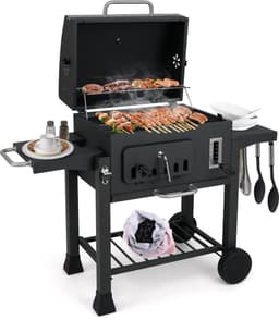 COSTWAY houtskoolgrill, grillwagen met deksel, wielen, 2 inklapbare zijtafels, grillrooster, thermometer, 6-voudige houtskoolhouder en opbergvak, staande grill, kolengrillwagen — thumbnail 1
