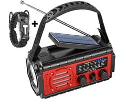 RAWVOLT® - NIEUW - Noodradio SW20K - 20000mAh Li-ion Accu - Solar Opwindbaar - Powerbank, Zaklamp, SOS Alarm & Leeslamp - 2026 model voor indoor, outdoor en in noodpakket - incl. Multi-Function Survival Armband - Tuscan Red
