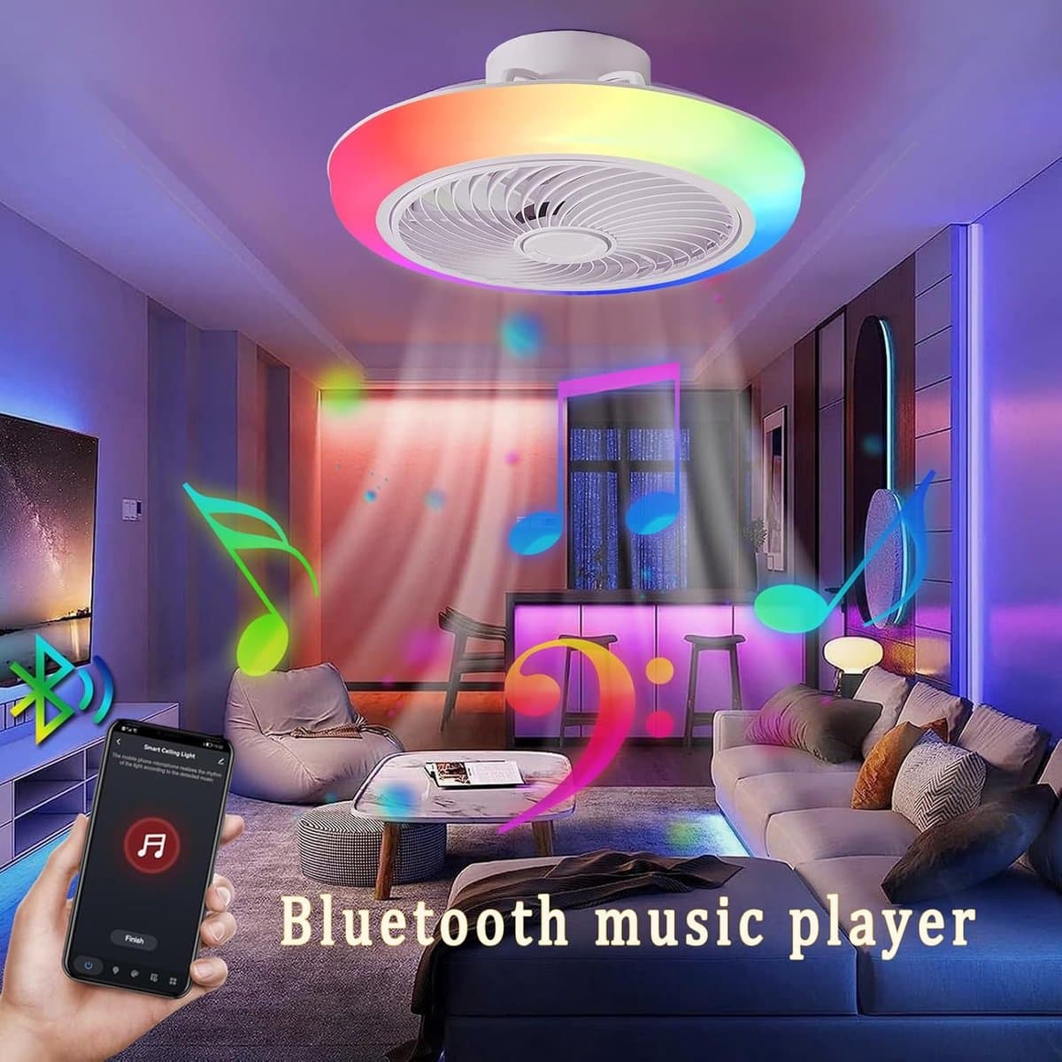 RGB Plafondventilator - Met Speaker - Dimbaar Met Afstandsbediening - 12 Kleuren - 50W - RGB Muziek Ventilator - Woonkamerlamp - Kroonluchter Ventilator — afbeelding 1