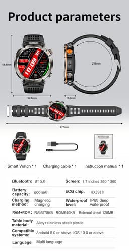 Knobbout 1.7" Scherm Outdoor Smartwatch – Digitale Kompas - LED & UV Licht -600mAh batterij - Bluetooth Bellen- IP68 Waterdicht -AI Spraakassistent - Gezondheid & Sportfuncties -Blauw Siliconen Band — thumbnail 2