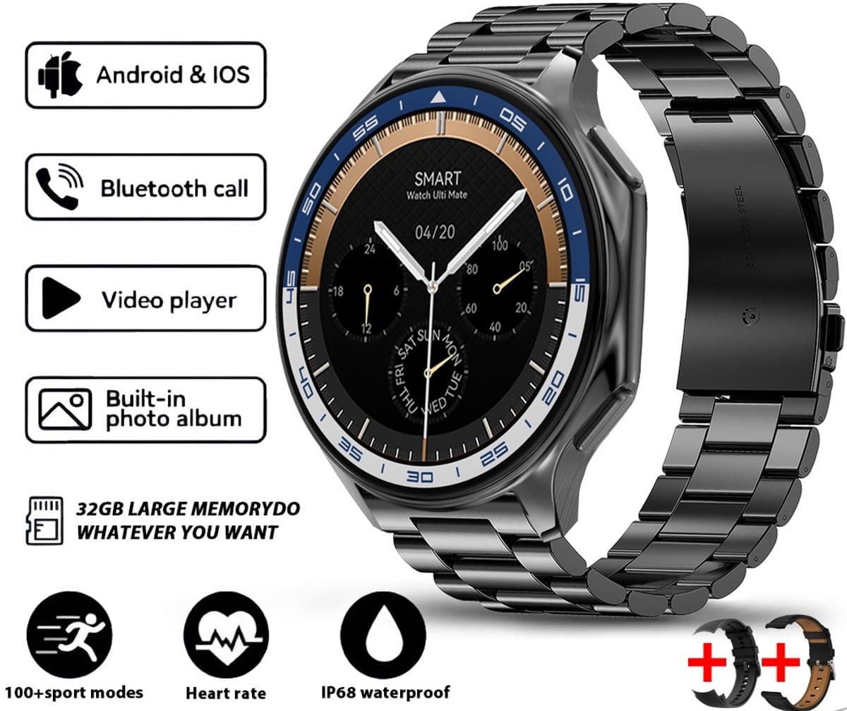 Knobbout 1.43 " Scherm AMOLED-scherm met 3D-ontwerp Smartwatch - Slimme opnamefunctie- 4 GB interne opslag - MP4-video-ondersteuning - Ingebouwde kompasfunctie - Zwart staal+ zwart lederen + blauwe siliconen horlogeban — afbeelding 1