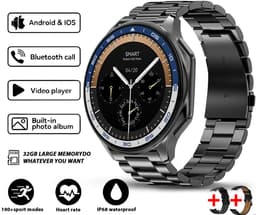 Knobbout 1.43 " Scherm AMOLED-scherm met 3D-ontwerp Smartwatch - Slimme opnamefunctie- 4 GB interne opslag - MP4-video-ondersteuning - Ingebouwde kompasfunctie - Zwart staal+ zwart lederen + blauwe siliconen horlogeban — thumbnail 1