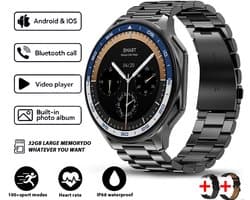 Knobbout 1.43 " Scherm AMOLED-scherm met 3D-ontwerp Smartwatch - Slimme opnamefunctie- 4 GB interne opslag - MP4-video-ondersteuning - Ingebouwde kompasfunctie - Zwart staal+ zwart lederen + blauwe siliconen horlogeban