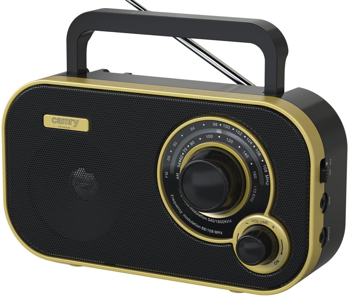 Draagbare Radio - Noodradio - Keukenradio - FM/AM - 2W Speaker - Retro radio - Netstroom & Batterij - Radio op batterijen - Zwart/Goud - Camry CR1910 — afbeelding 1