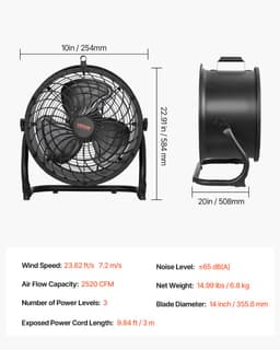 VEVOR 14-inch Vloerventilator, 3 Snelheden, 360° Verstelbare Kanteling, Industriële Ventilator met Hoge Snelheid — thumbnail 5
