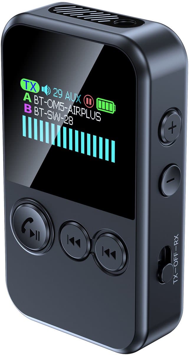 Bluetooth-zender voor tv naar 2 hoofdtelefoons, Bluetooth AUX-adapter voor handsfree bellen in de auto, 3,5 mm draadloze zender-ontvanger met LED-display voor vliegtuig/stereo/sportschool — afbeelding 1