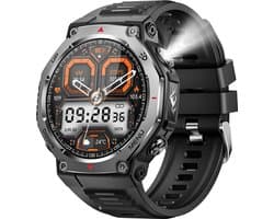 Knobbout 1.43”Scherm AMOLED Smartwatch – 466×466 HD Scherm – 5ATM Waterdicht (tot 50m) – LED Zaklamp + UV-Licht + SOS Noodflits – Bluetooth Bellen – 525mAh Lange Batterijduur – Outdoor & Sporthorloge voor Android/iOS-Zwart