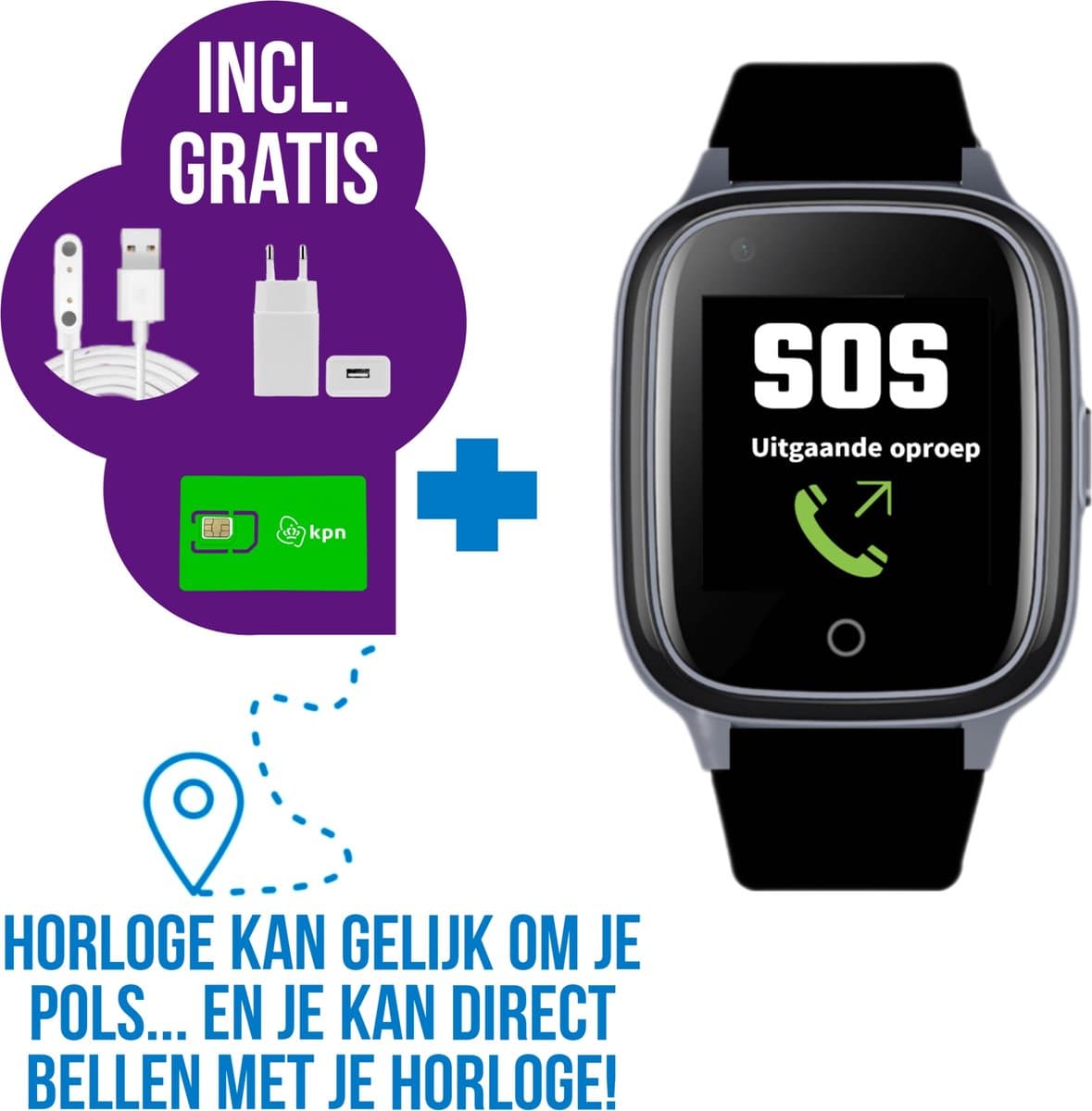 Wiesba WB34S - GPS Horloge Senior - Smartwatch voor Ouderen - Persoonlijke alarmen - alarm horloge ouderen - GPS Horloge Alzheimer - Valdetectie - Zwart — afbeelding 1