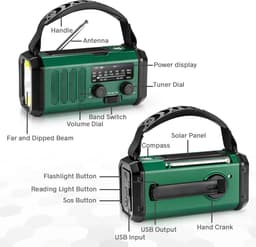 Noodradio - Model XSY330 - Solar Powerbank - Opwindbaar - 10.000 mAh - Noodalarm - Draagbare Radio op accu - Zaklamp - Survival Noodpakket - Groen - Legergroen — thumbnail 5