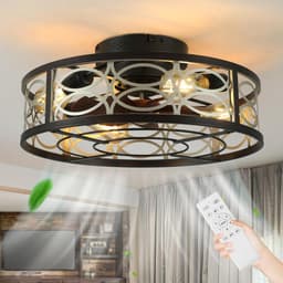 Industriële Plafondventilatorlamp - Stille Motor - Afstandsbediening - Vintage Kooi Design - 6 Snelheden - Timerfunctie - Woonkamer en Keuken - Zomer en Winterstand - Zwart - E27 Fitting — thumbnail 1