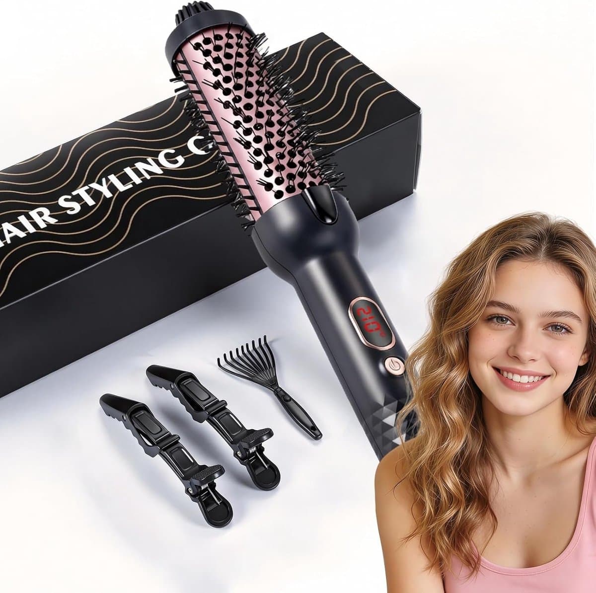 Verwarmingsborstel, 38 mm Thermal Brush 3-in-1, LCD 100-210 °C, gladmaken, zachte krullen, volume, anti-kroes, ionen-design, 5 temperatuurinstellingen, snel opwarmen (stijl 2) — afbeelding 1
