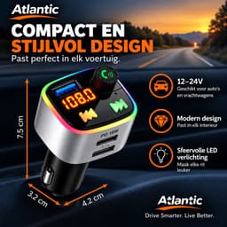 Bluetooth Atlantic FM-transmitter voor auto met handsfree bellen, USB-C PD 18W snelladen, USB-A, EQ/bass en LED-sfeerverlichting. — thumbnail 4