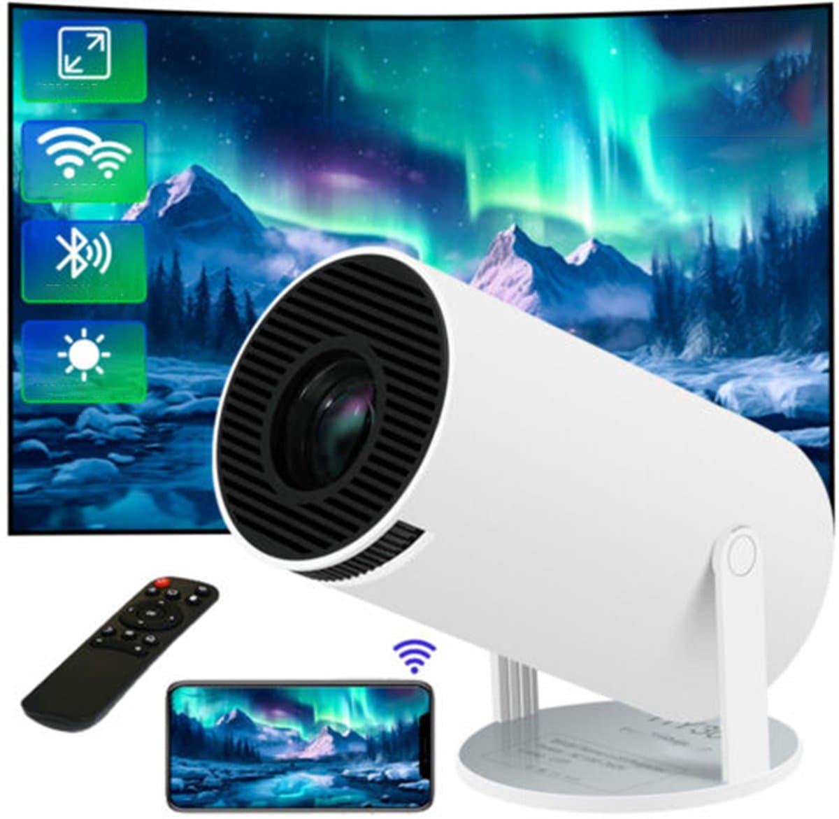 Beamer met Android TV - Draagbare Projector 720P Native - Wifi Projector met Bluetooth, HDMI en USB - 180° Draaibare Smart Projector voor Thuis en Buiten — afbeelding 1