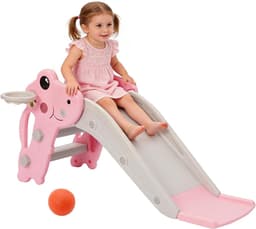 Glijbaan voor binnen en buiten, voor kinderen met basketbalkorf en bal, antislip trappen, eenvoudige montage en opvouwbaar, kinderglijbaan vanaf 3 jaar — thumbnail 1