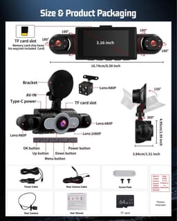 Dashcam voor auto - Zwart - 3 inch HD-scherm - 4-kanaals 1080p 360° auto-video-recorder - Voor personenauto's en SUV's — thumbnail 5