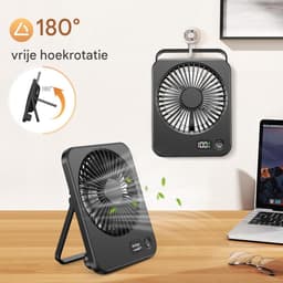 GELLDG Tafelventilator - USB Oplaadbare Ventilator met LED Display - 3 Snelheidsstanden - Geschikt voor Thuis, Kantoor en Camping - 2500mAh Batterij - 16.5x13x3.5cm - Zwarte Draagbare Bureaufactor uit Kunststof — thumbnail 2
