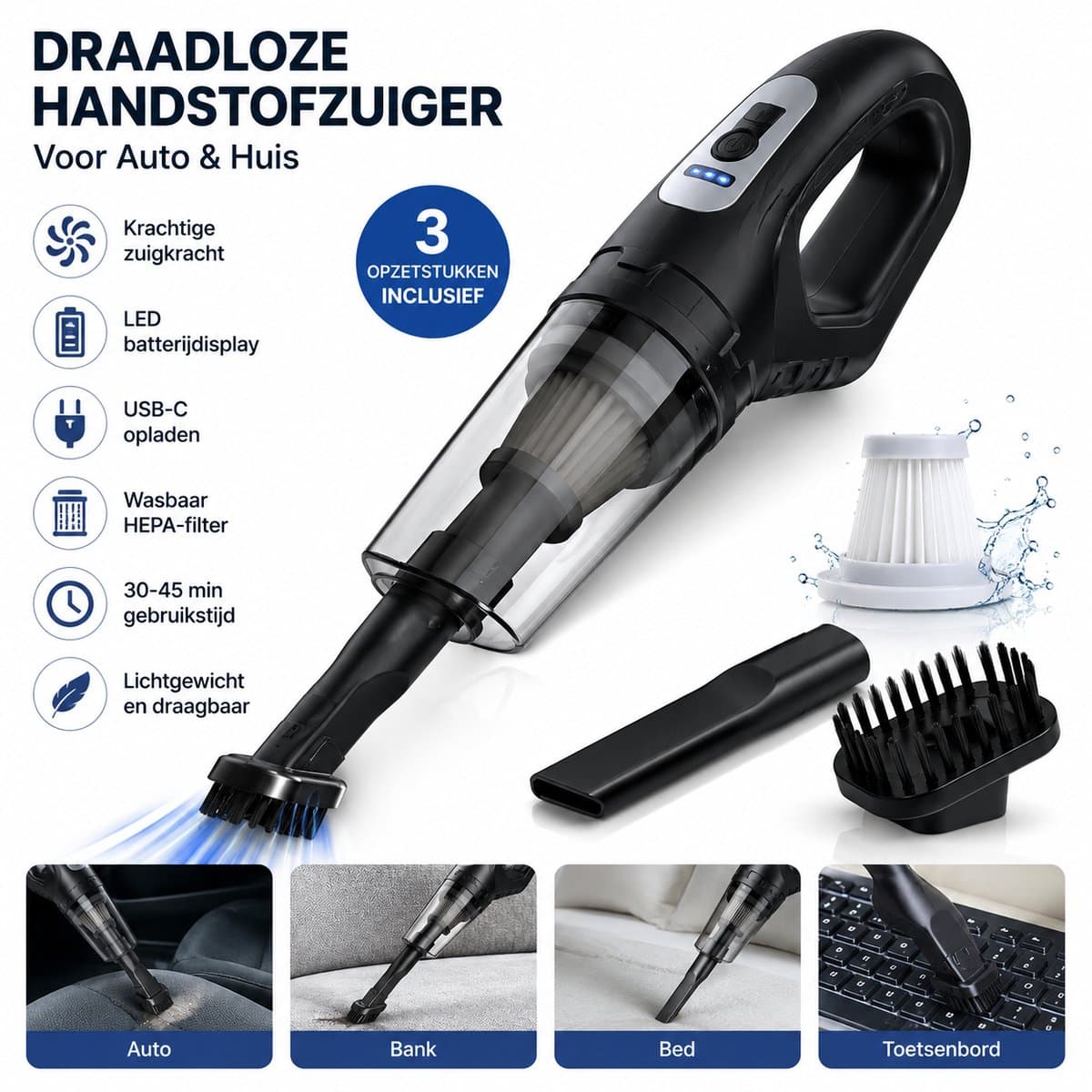 Draadloze Handstofzuiger voor Auto & Huis - Oplaadbare Kruimeldief met HEPA Filter, LED Batterijdisplay, USB-C, 3 Opzetstukken, Zwart — afbeelding 1