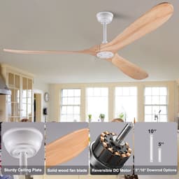 HAUSS SPOLE Plafondventilator - 183 cm - Stil Zonder Verlichting Met Afstandsbediening - Metaal En Hout - Wit Naturel - Voor Woonkamer En Terras — thumbnail 3