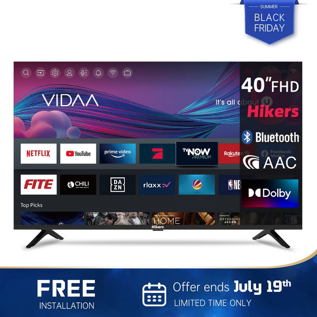 Hikers Smart TV 40 Inch (101 cm) FHD WiFi VIDAA Randloze TV met Drievoudige Tuner DVB-T/T2/S/S2/C | HDMI x3, USB x2, CI+ | Spraakbediening & Streaming Apps — afbeelding 1