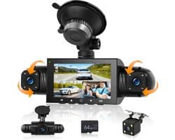 SnelShoppen - Spiegel-dashcam 4 kanalen met 64GB kaart, G-sensor, parking monitoring, nachtzicht, 24-uurs parkeermodus + waterdichte achteruitrijcamer