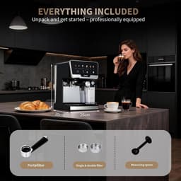 Professionele Espressomachine met Automatische Melkopschuimer - 20 Bar Pistonmachine met Dubbel Verwarmingssysteem - 1450W Koffiezetapparaat voor Cappuccino & Latte - 2L Watertank & Zelfreinigend - RVS / Zwart — thumbnail 2