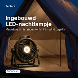 Sentara Campingventilator Oplaadbaar 10000mAh – Lichtgewicht Draagbare Buitenventilator met LED-nachtlamp, Powerbank-functie, Timer & Opbergtas – Ophangbaar of Staand – 5 Standen – Legergroen — thumbnail 4
