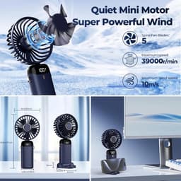 Draagbare USB-ventilator met led-display (3-in-1: hand-, nek- en tafelventilator), opvouwbaar en 90° verstelbaar – ideaal voor zomer, kantoor, slaapkamer en op reis; cadeau voor volwassenen en kinderen (donkerblauw) — thumbnail 3