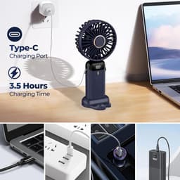 Draagbare USB-ventilator met led-display (3-in-1: hand-, nek- en tafelventilator), opvouwbaar en 90° verstelbaar – ideaal voor zomer, kantoor, slaapkamer en op reis; cadeau voor volwassenen en kinderen (donkerblauw) — thumbnail 2