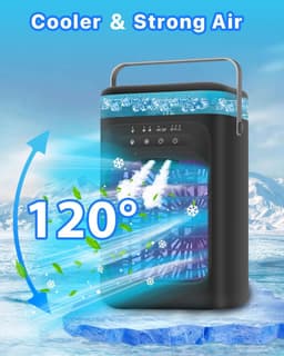 Draagbare aircooler, mini-luchtkoeler met 3 snelheden & 2 vernevelingsstanden, 120° oscillatie, verlichting in 7 kleuren & timer (2-4 uur), compacte koelventilator voor slaapkamer, kantoor, thuis en camping (zwart) — thumbnail 4