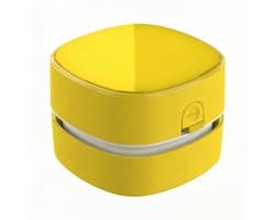 Gele compacte bureaustofzuiger met AA-batterijvoeding (zonder batterijen), lange looptijd en 360° draaibare reinigingskop, ruimt bureaustof en gumresten op, ideaal voor thuis, school, kantoor en als kindercadeau