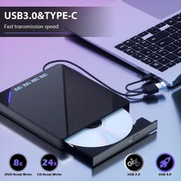 Externe CD/DVD-schijf - Lezer Brander - Bestanden Overzetten - Meerdere Poorten - USB 3.0 Snelheid - Zwart — thumbnail 2