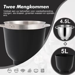 Keukenmachine - Standmixer - Bakken en Koken - Dubbele Mengkom - 4.5L + 5L - Zwart — thumbnail 3