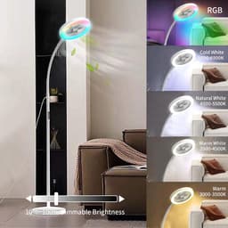 Rosnek Staande Lampen met Ventilator - 183cm Stille 2-in-1 Staande Ventilatorlamp – 1500 Lumen LED - 3 Snelheden, 12W RGB + Afstandsbediening – 360° Zwanenhalsrotatie Staande Lampen - Ideaal voor Slaapkamer/Kantoor(Wit) — thumbnail 3